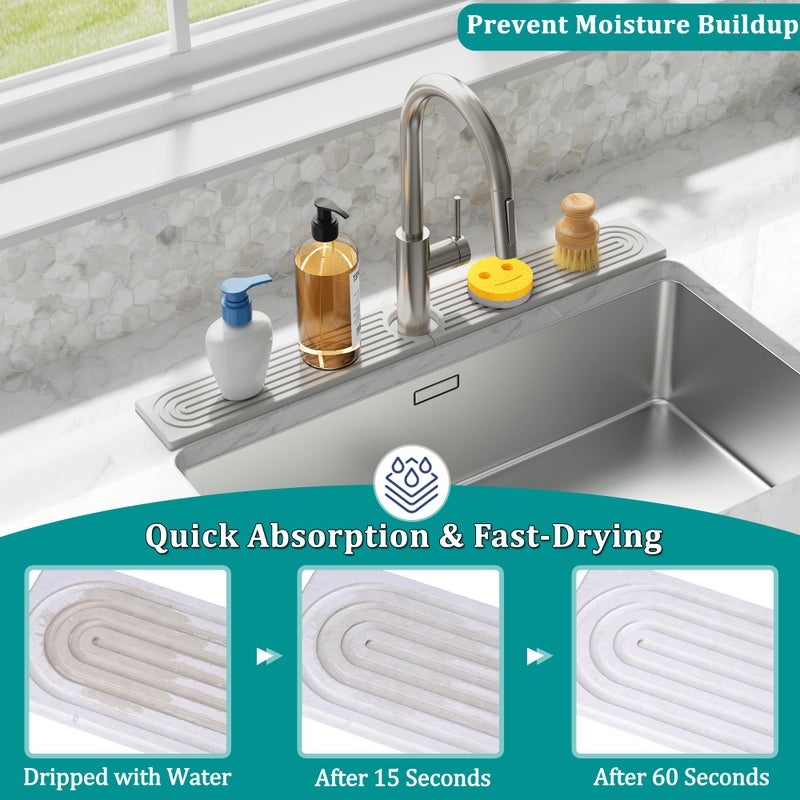 MAGKOTA Stone Faucet Mat for Kitchen Sink - Quick Dry Diatomite Sink Splash Guard, Prevents Moisture Buildup & Water Stains, Water Absorbing Stone Tray for Bathroom Countertop (White, 23.6" x 4") - Image 4
