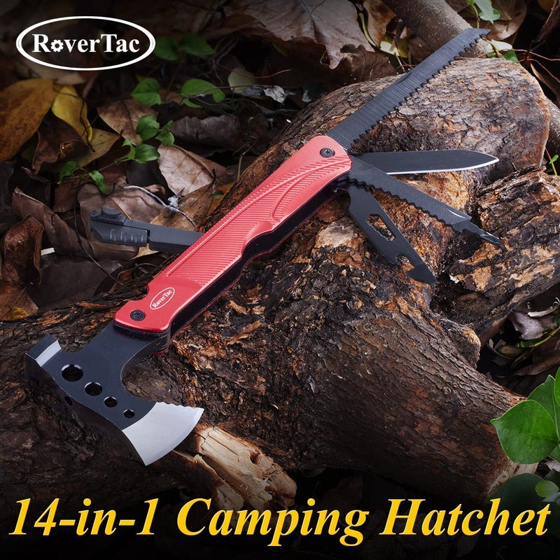 RoverTac Camping Hatchet Multitool Axe Survival Gear Gifts for Men Dad Him 14-in-1 Axe Hammer Knife Saw Bottle Opener Fire Starter Whistle Perfect for Camping Survival Hiking Fishing - Image 4