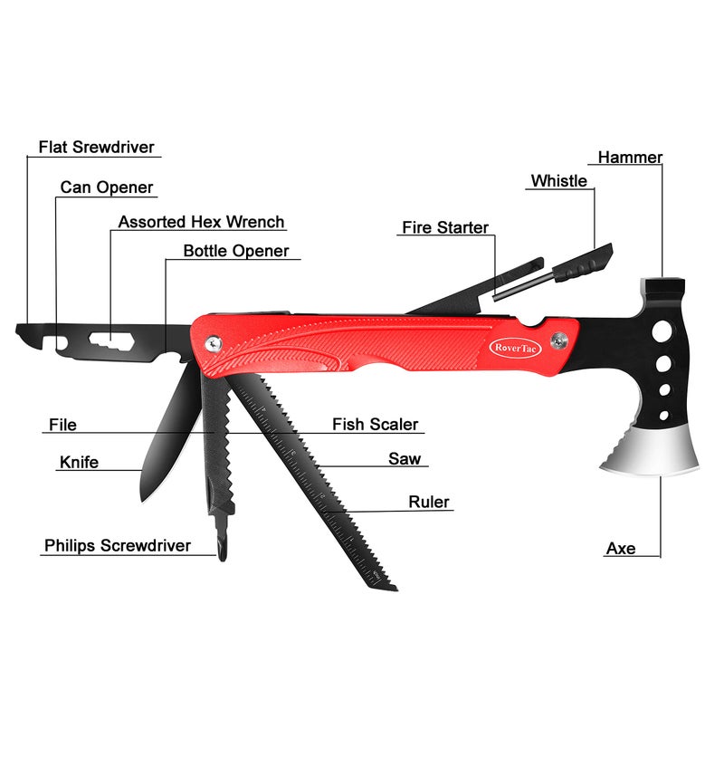 RoverTac Camping Hatchet Multitool Axe Survival Gear Gifts for Men Dad Him 14-in-1 Axe Hammer Knife Saw Bottle Opener Fire Starter Whistle Perfect for Camping Survival Hiking Fishing - Image 2