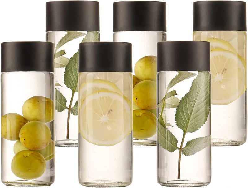 FUFU 6-Pack 8oz Glass Juice Bottles Reusable for Water, Sensory Crafts, and Smoothies With Black Lids - Great for Calming (300ml) - Image 1
