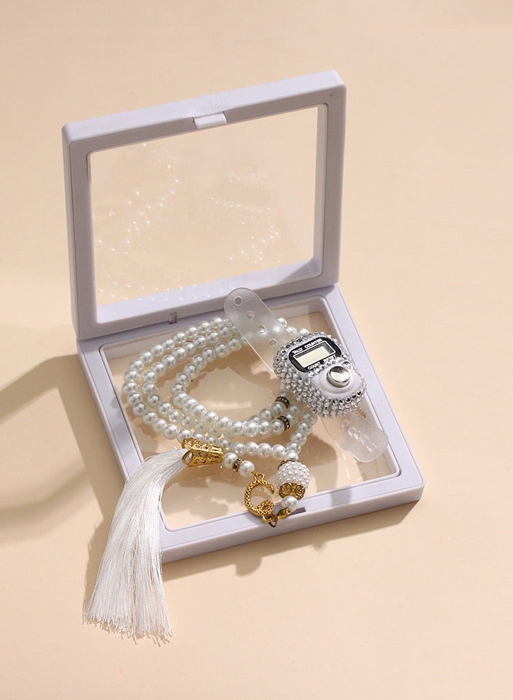 Muslim Prayer Beads, Pray Beads, 99 Prayer Beads Counter Gift Box Set, White - Image 1