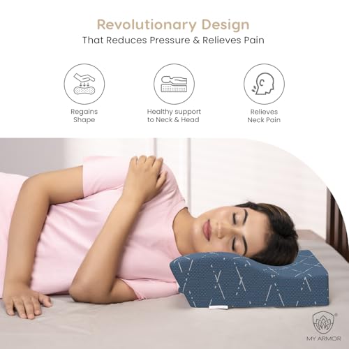 MY ARMOR Cervical Pillow for Neck Pain and Shoulder Pain, Spondylitis Neck, Orthopedic Memory Foam Contour Pillow, Dual Height Options, with Washable Blue Checks Cover - Pack of 1 - Image 2