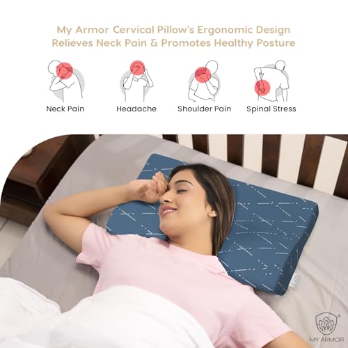 MY ARMOR Cervical Pillow for Neck Pain and Shoulder Pain, Spondylitis Neck, Orthopedic Memory Foam Contour Pillow, Dual Height Options, with Washable Blue Checks Cover - Pack of 1 - Image 4