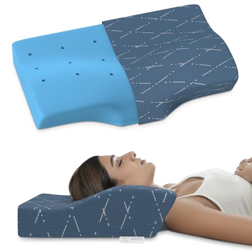 MY ARMOR Cervical Pillow for Neck Pain and Shoulder Pain, Spondylitis Neck, Orthopedic Memory Foam Contour Pillow, Dual Height Options, with Washable Blue Checks Cover - Pack of 1 - Image 1