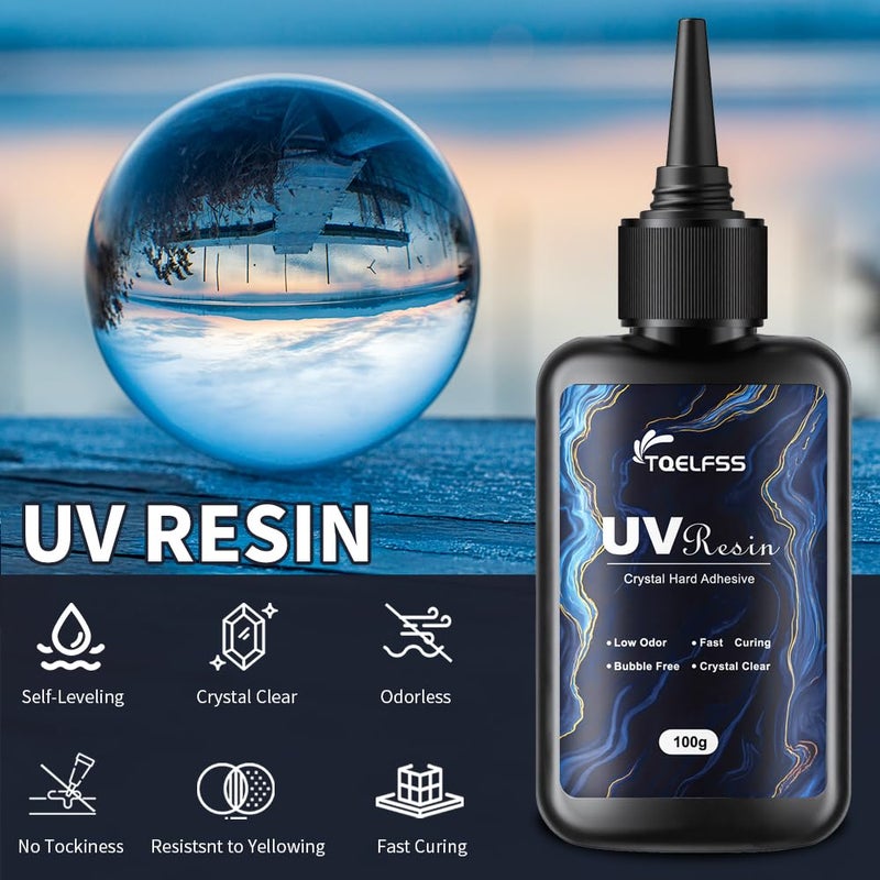 TQELFSS 300g UV Resin,Crystal Clear,Hard UV Curing epoxy Resin, Upgraded Formula,odorless,Solar Activated Glue kit,Clear,UV Fast Curing,for Craft Decoration (100 g*3) - Image 2