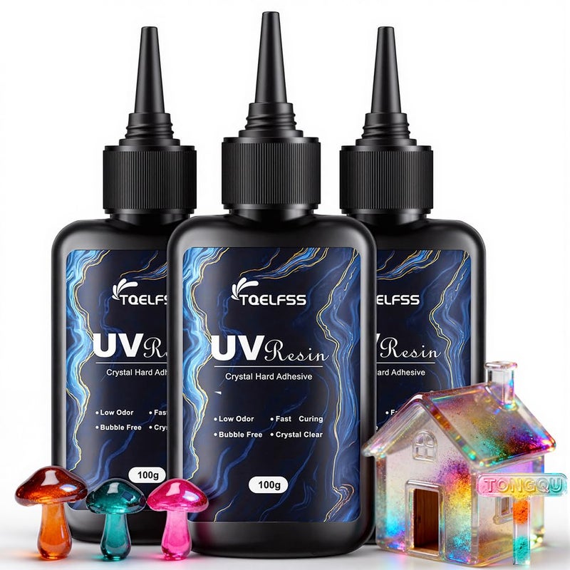 TQELFSS 300g UV Resin,Crystal Clear,Hard UV Curing epoxy Resin, Upgraded Formula,odorless,Solar Activated Glue kit,Clear,UV Fast Curing,for Craft Decoration (100 g*3) - Image 1