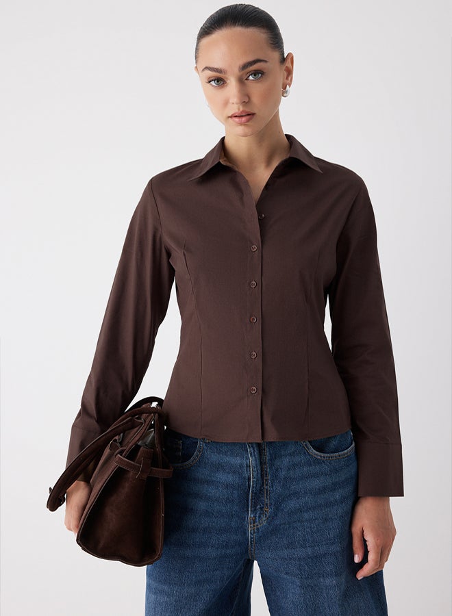 trendyol Wardrobe Essentials Dark Brown Light Waist Fitted Cotton Woven Shirt | - Image 1