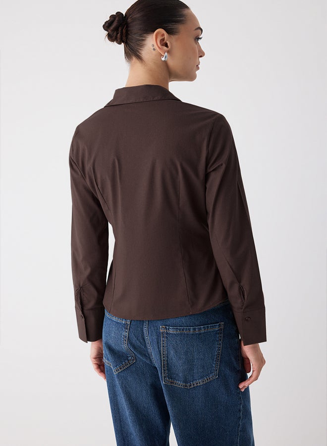 trendyol Wardrobe Essentials Dark Brown Light Waist Fitted Cotton Woven Shirt | - Image 4