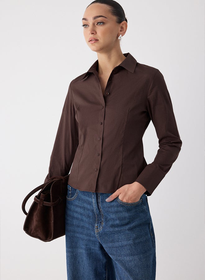 trendyol Wardrobe Essentials Dark Brown Light Waist Fitted Cotton Woven Shirt | - Image 3