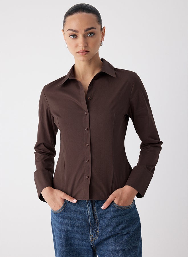 trendyol Wardrobe Essentials Dark Brown Light Waist Fitted Cotton Woven Shirt | - Image 2