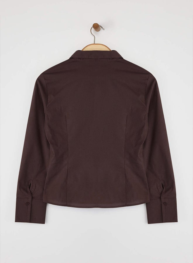trendyol Wardrobe Essentials Dark Brown Light Waist Fitted Cotton Woven Shirt | - Image 5