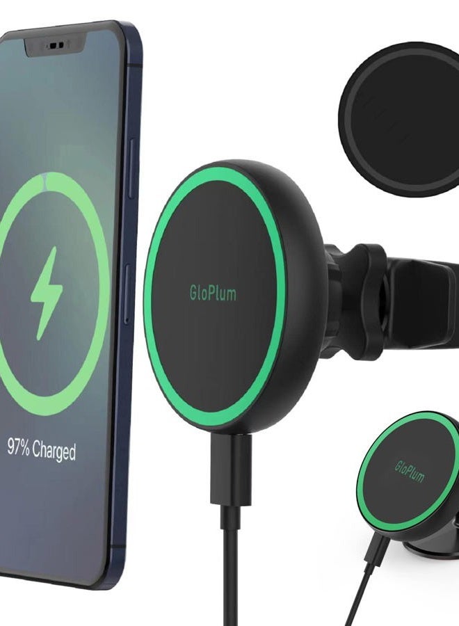 Gloplum شاحن سيارة لاسلكي 15 واط، شحن سريع، متوافق مع قاعدة السيارة المغناطيسية ماغسيف، شحن سريع مغناطيسي متوافق مع آيفون 14/13/ آيفون 12/12 ميني/12 برو/12 برو ماكس - Image 1