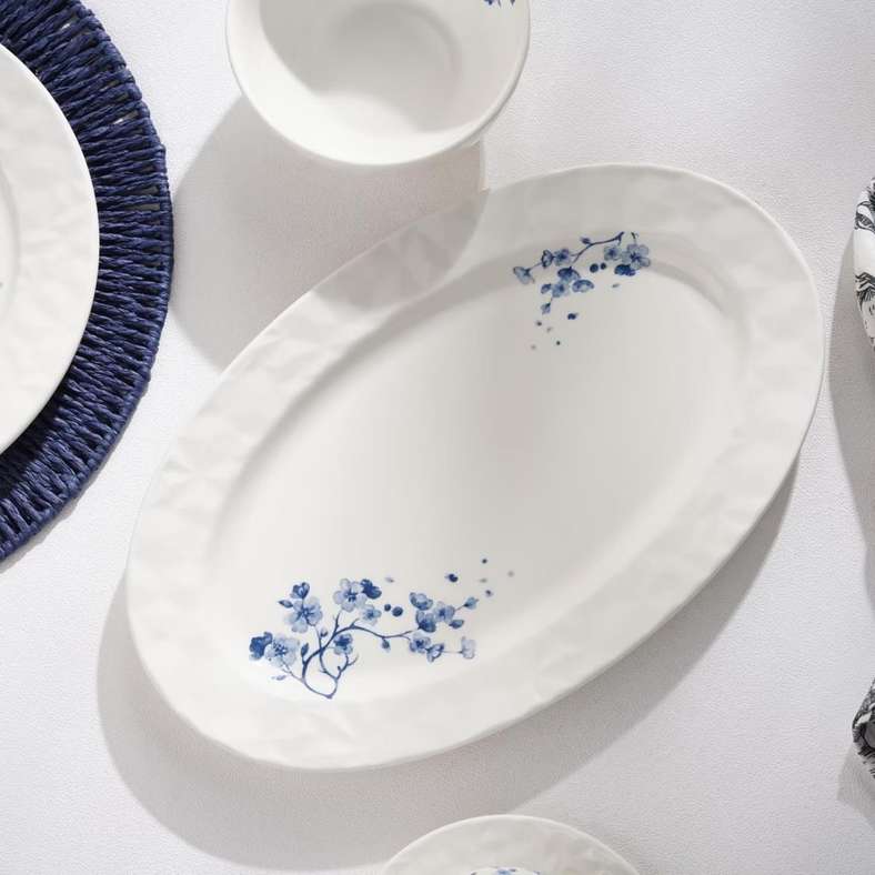 Pan Home Floris Porcelain Oval Platter - White with Blue Floral Design - Image 1