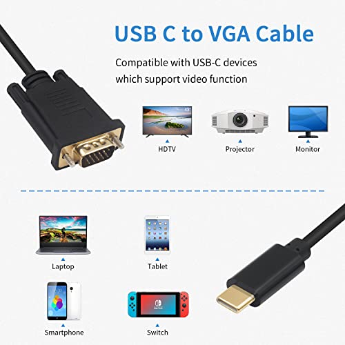 Duttek USB C to VGA Adapter Cable 6FT/1.8M, USB Type-C to VGA Male to Male Converter Cable with Gold-Plated Port for Monitor, Phones, Laptops and HDTV (Not Support Thunderbolt Port) - Image 3