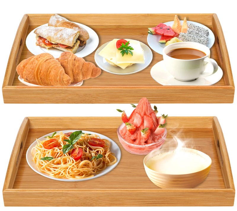 2 Pack Bamboo Serving Tray with Handles Portable Bed Tray for Breakfast Dinner Eating Trays for Living RoomRestaurants