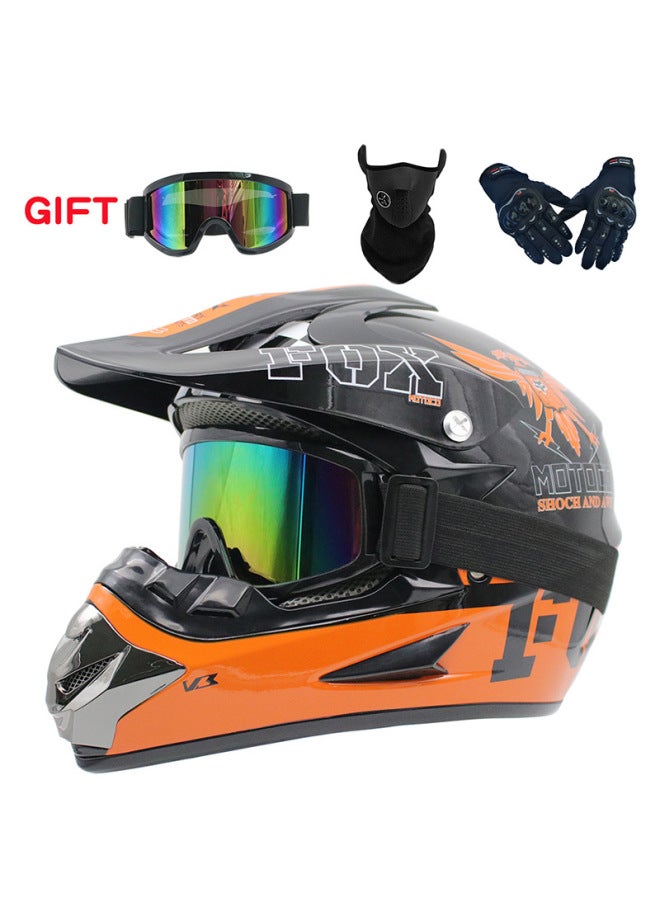 Electric Motorcycle Full-Face Helmet Cross Country Four Season Men Women - Black Orange Size 24 with Goggles Mask Gloves