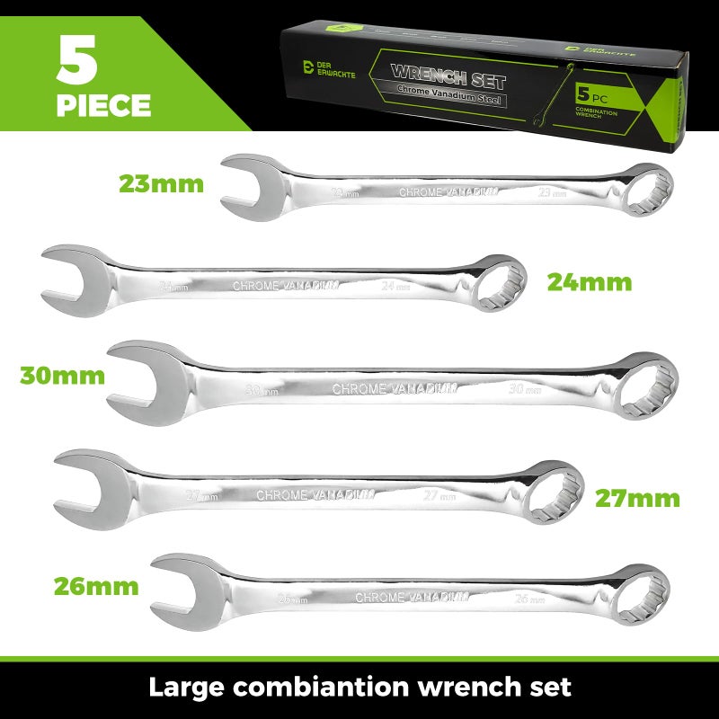 Der Erwachte Large Wrench Set with Rolling Pouch, Metric, 5-Piece, 23mm, 24mm, 26mm, 27mm, 30mm, 12 Point, Chrome Vanadium Steel - Image 2