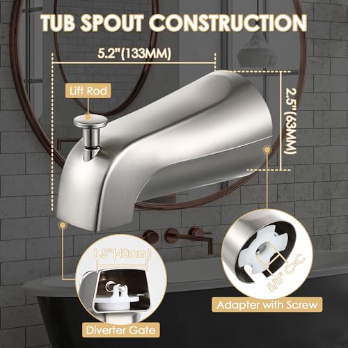 Enhon Slip on Tub Spout with Diverter, Compatible with American Standard 8888026.002 Tub Spout, Bathroom Bathtub Faucet, Fits 1/2 Copper Water Tube(5/8 Dia), 5/32 Hex Wrench(Brushed Nickel,1) - Image 5