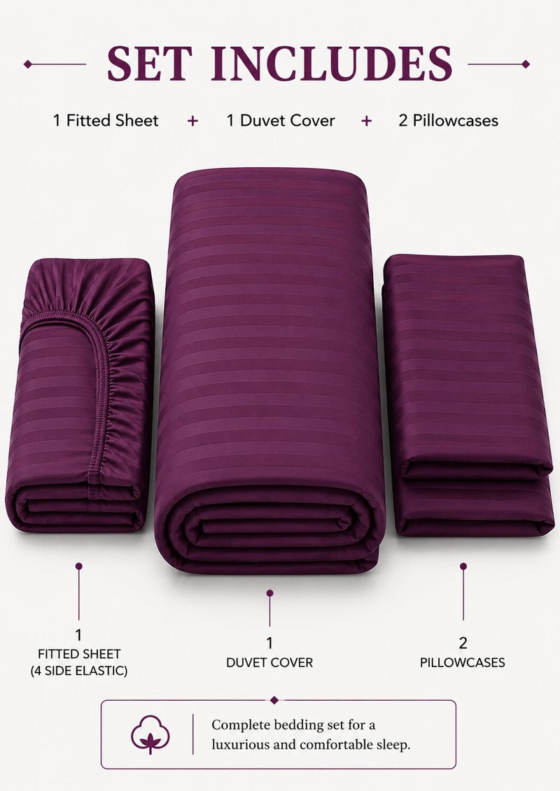 Aristocrat 4-Piece Stripe Microfiber Duvet Cover Set | Queen | Includes 1 Duvet Cover (220x240cm), 1 Deep Pocket Fitted Sheet (180x200+30cm) & 2 Pillowcases (53x75+15cm) | Ultra Soft, Breathable & Wrinkle Resistant | purple - Image 2