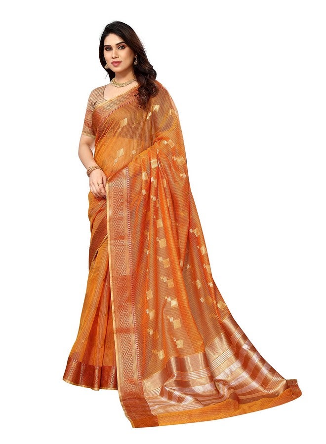 Stylescope Women's Kota Doria Cotton Zari Box Jacquard Bordered Saree With Cotton Blend Unstitched Blouse Piece(Light Orange,Gold) - Image 1