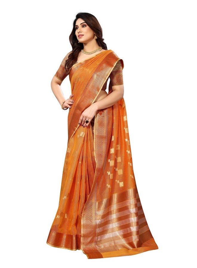Stylescope Women's Kota Doria Cotton Zari Box Jacquard Bordered Saree With Cotton Blend Unstitched Blouse Piece(Light Orange,Gold) - Image 5