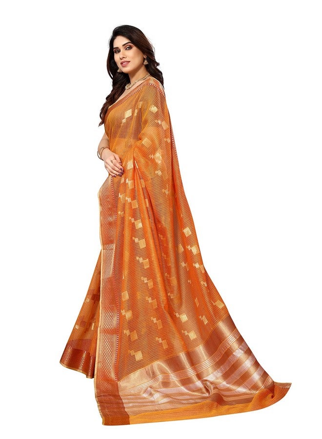 Stylescope Women's Kota Doria Cotton Zari Box Jacquard Bordered Saree With Cotton Blend Unstitched Blouse Piece(Light Orange,Gold) - Image 3