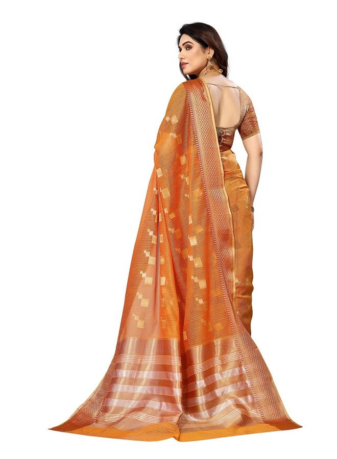 Stylescope Women's Kota Doria Cotton Zari Box Jacquard Bordered Saree With Cotton Blend Unstitched Blouse Piece(Light Orange,Gold) - Image 2