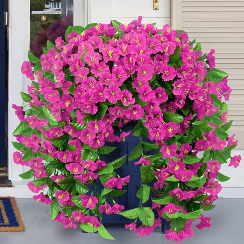 Bassion Artificial Hanging Flowers for Outdoors, 2 Pack Fuchsia Silk Morning Glory Fake Flowers UV Resistant Faux Petunias Hanging Artificial Plants Trailing Vines for Porch Garden Spring Summer Planter Decor - Image 1