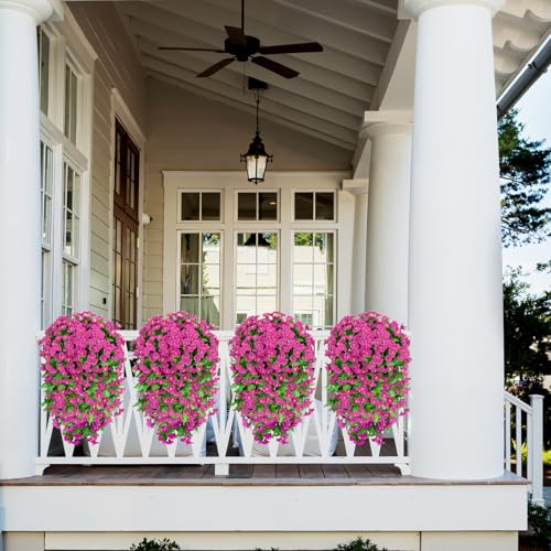 Bassion Artificial Hanging Flowers for Outdoors, 2 Pack Fuchsia Silk Morning Glory Fake Flowers UV Resistant Faux Petunias Hanging Artificial Plants Trailing Vines for Porch Garden Spring Summer Planter Decor - Image 5