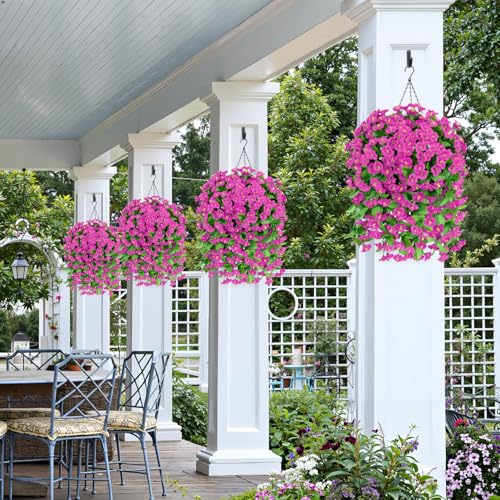 Bassion Artificial Hanging Flowers for Outdoors, 2 Pack Fuchsia Silk Morning Glory Fake Flowers UV Resistant Faux Petunias Hanging Artificial Plants Trailing Vines for Porch Garden Spring Summer Planter Decor - Image 4