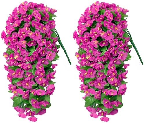 Bassion Artificial Hanging Flowers for Outdoors, 2 Pack Fuchsia Silk Morning Glory Fake Flowers UV Resistant Faux Petunias Hanging Artificial Plants Trailing Vines for Porch Garden Spring Summer Planter Decor - Image 2