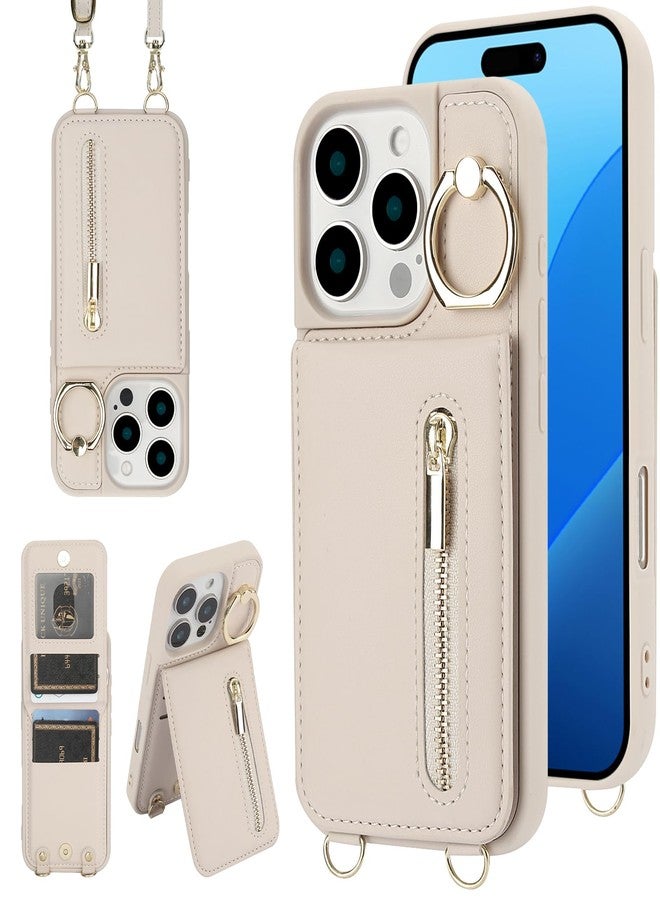Jcxtrombulous Crossbody Wallet Case for iPhone 16 Pro Max with Lanyard Strap Card Slot Holder RFID Blocking 360° Ring Kickstand,Magnetic Flip Folio Zipper Purse Case, PU Leather Cover Handbag,Beige - Image 1
