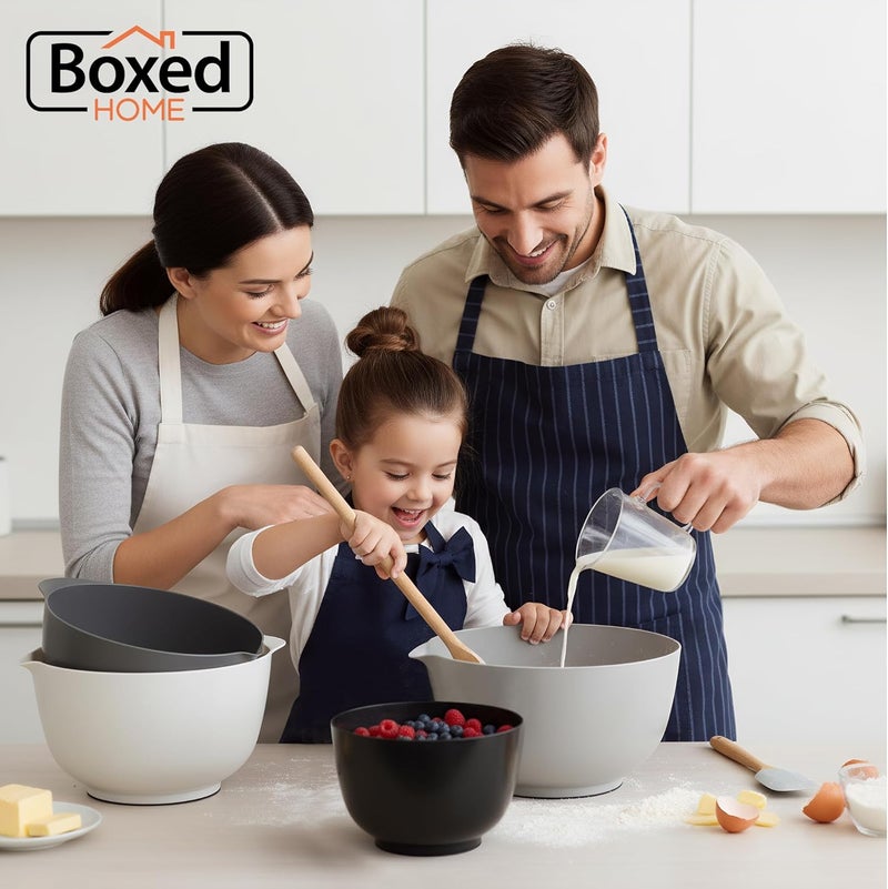 BoxedHome مجموعة أوعية خلط من مكونة من 4 قطع مصنوعة من البلاستيك الخالي من BPA، رمادي - مع فوهة، قاعدة مانعة للانزلاق ومقبض، قابلة للتكديس، آمنة للاستخدام في غسالة الأطباق والميكروويف، مثالية للخبز والطهي - Image 2