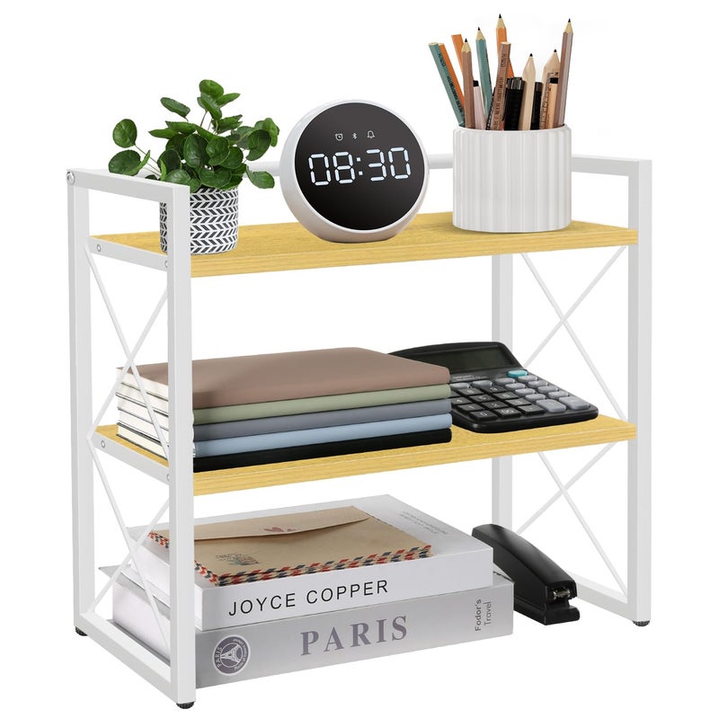 YINMIT Desktop Shelf Organizer 2 Tier Office Shelves Wood Desk Organizer Storage Rack and Freestanding Display Shelf for Office Dormitory Home White Wood - Image 2
