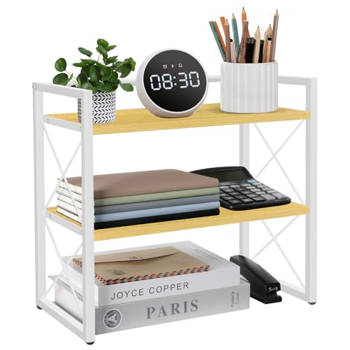 YINMIT Desktop Shelf Organizer 2 Tier Office Shelves Wood Desk Organizer Storage Rack and Freestanding Display Shelf for Office Dormitory Home White Wood - Image 1