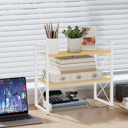 YINMIT Desktop Shelf Organizer 2 Tier Office Shelves Wood Desk Organizer Storage Rack and Freestanding Display Shelf for Office Dormitory Home White Wood - Image 3