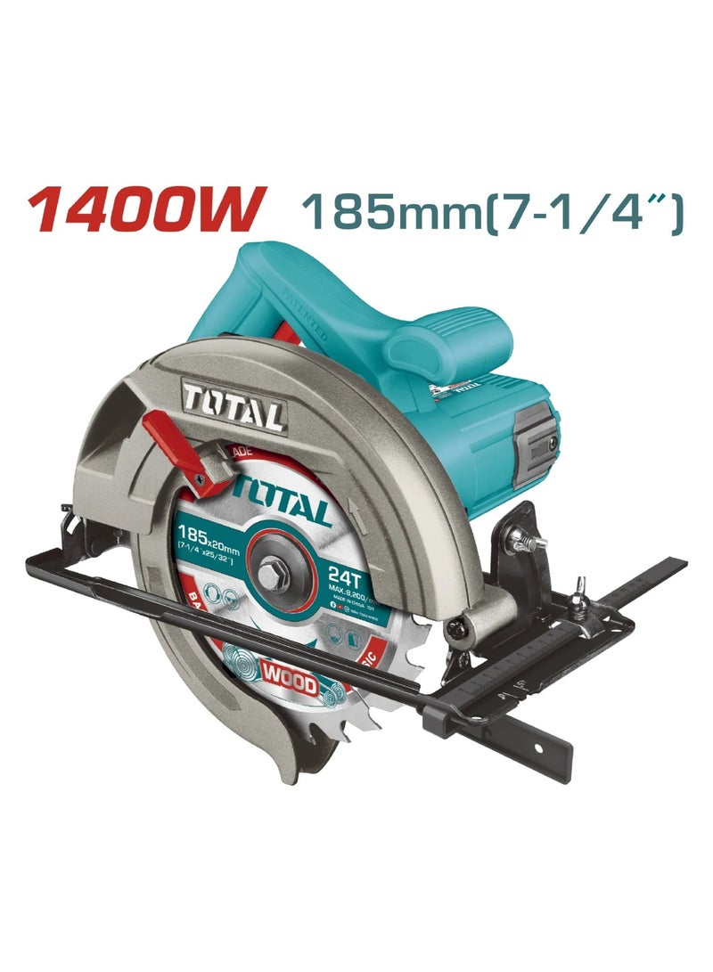 TOTAL Circular Saw, 185mm Blade, 1400W, 4800RPM, Adjustable Bevel Cutting, 220-240V, with Extra Carbon Brushes and Blade - Image 2