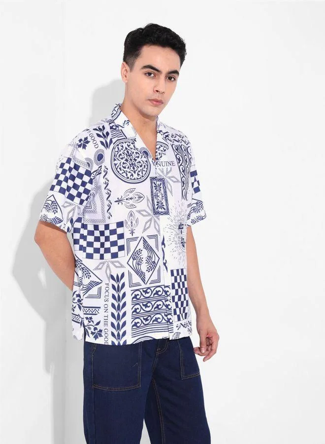 ذا انديان كراج كو قميص رجالي بياقة كوبية مطبوع بأكمام نصفية