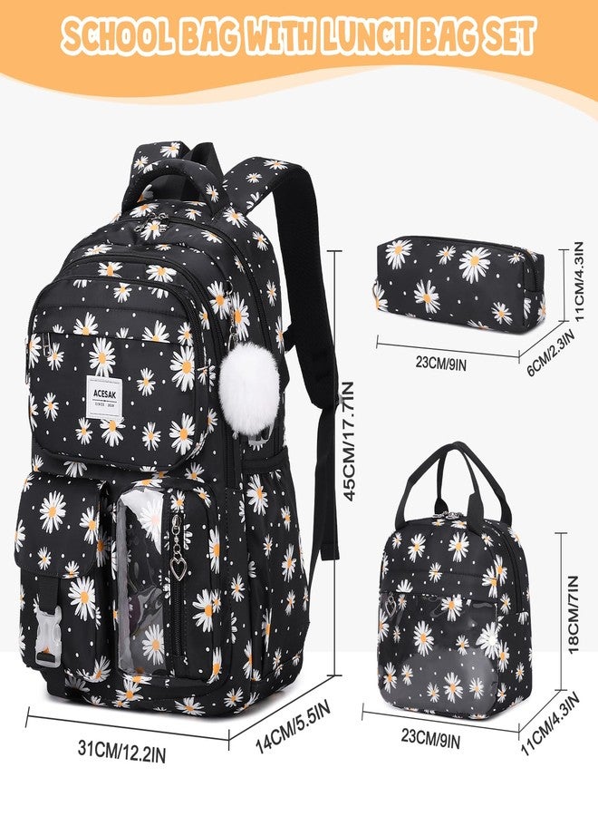ACESAK Backpack with lunch bag, Black Daisy, Large, Backpack - Image 2