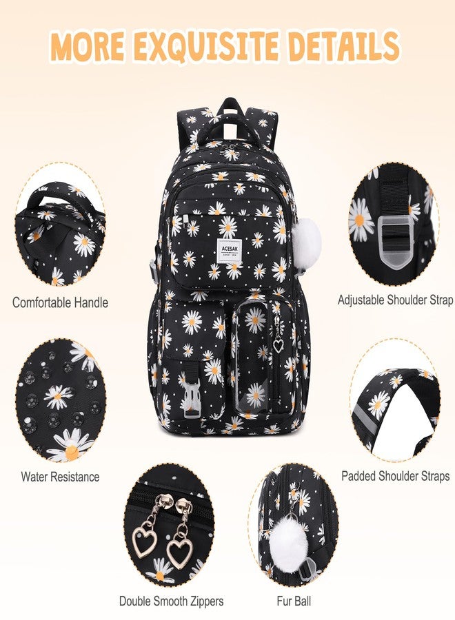 ACESAK Backpack with lunch bag, Black Daisy, Large, Backpack - Image 4