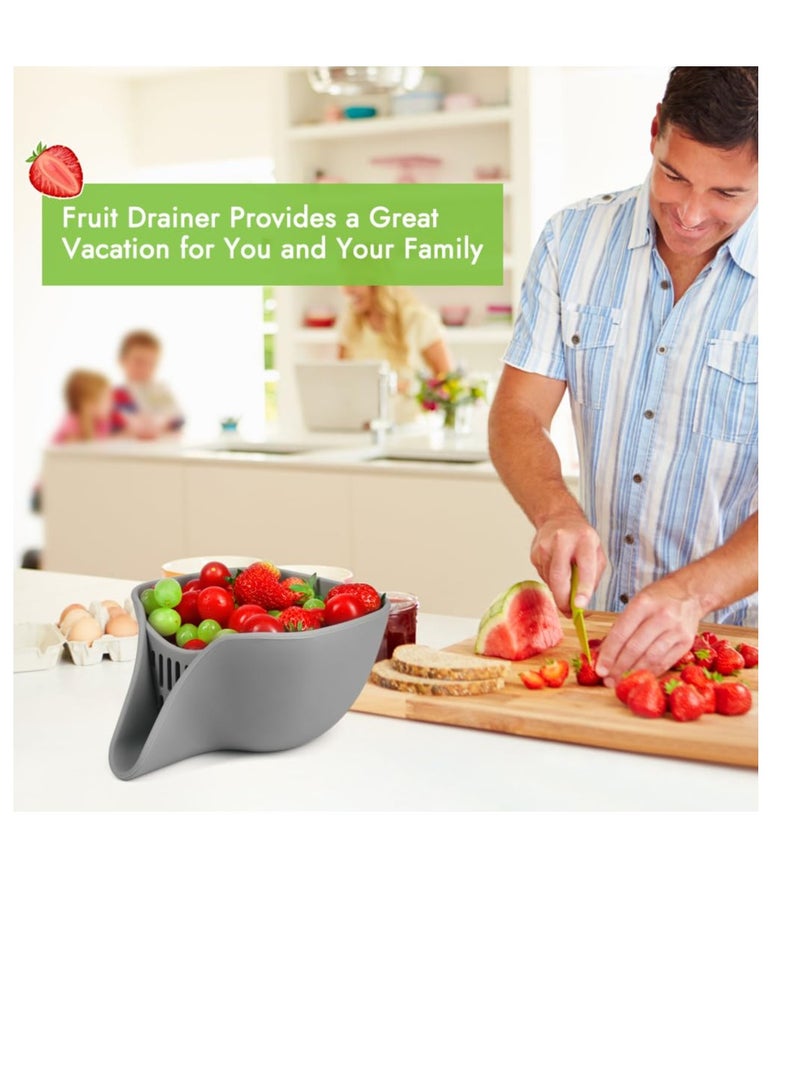 Excefore سلة تصريف متعددة الوظائف، وعاء مصفاة مزود بصنبور لغسل الفواكه والخضروات والسلطة، مصفاة مكرونة صغيرة مقاومة للغسالة، رمادي - Image 3