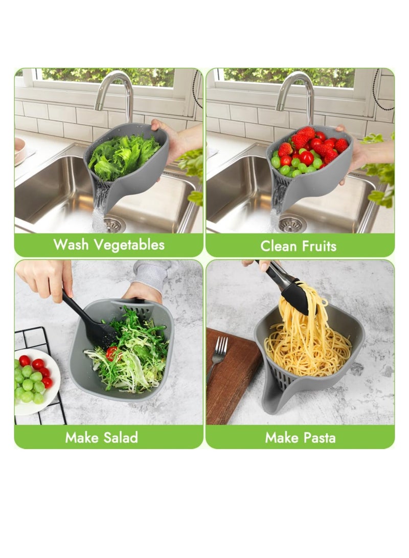 Excefore سلة تصريف متعددة الوظائف، وعاء مصفاة مزود بصنبور لغسل الفواكه والخضروات والسلطة، مصفاة مكرونة صغيرة مقاومة للغسالة، رمادي - Image 2