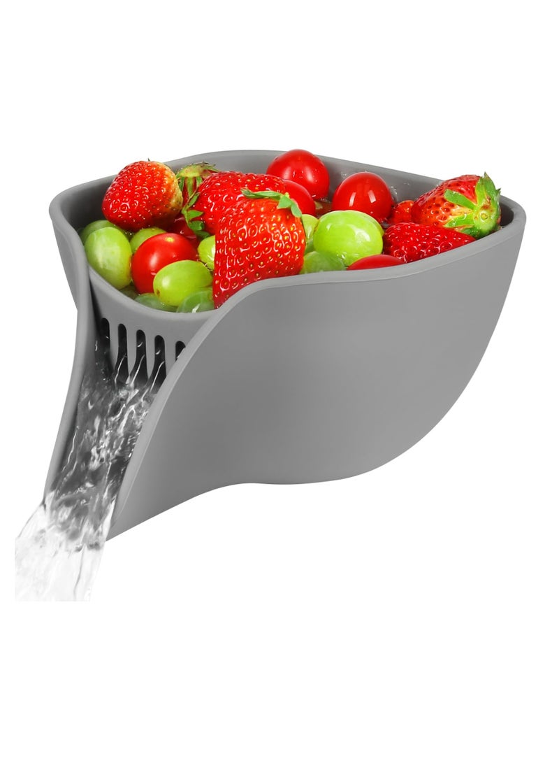 Excefore سلة تصريف متعددة الوظائف، وعاء مصفاة مزود بصنبور لغسل الفواكه والخضروات والسلطة، مصفاة مكرونة صغيرة مقاومة للغسالة، رمادي - Image 1