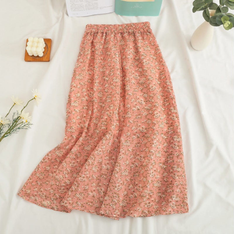 Floral Skirt for Women 2025 New High-Waist Slim Versatile Mid-Length Chiffon Long Skirt Large Hem Beach Skirt Lotus root pink 