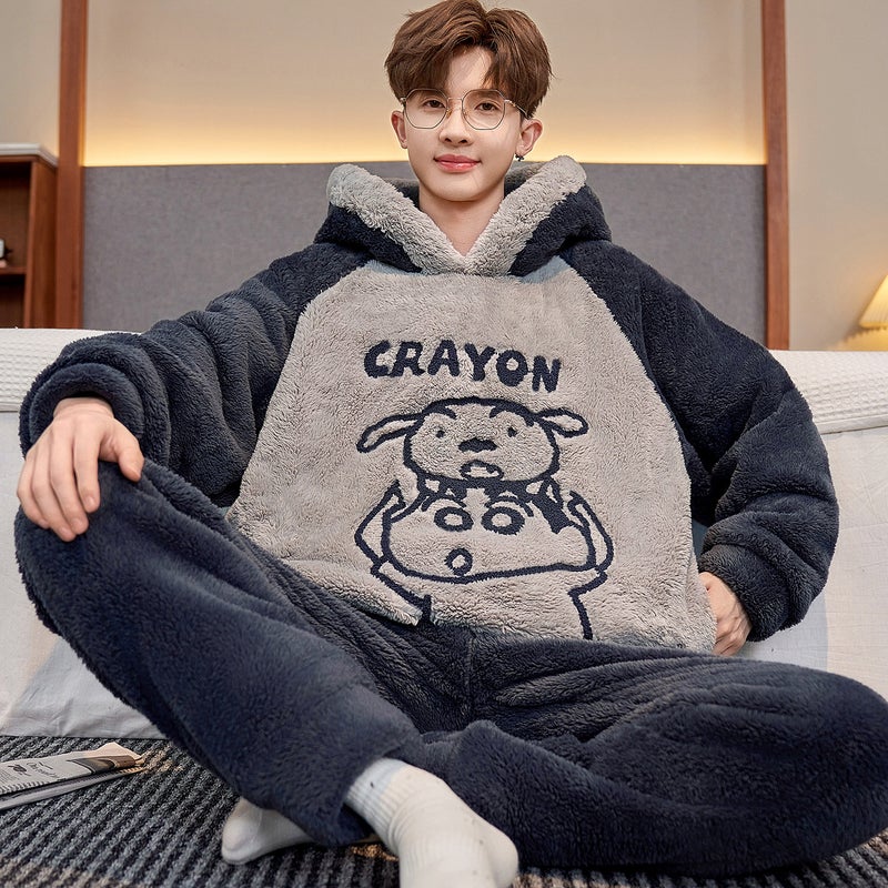 Winter Coral Fleece Pajamas Men'S Fleece-Lined Thickened Warm Cartoon Hooded Flannel Teenager Home Clothes Suit - Image 1