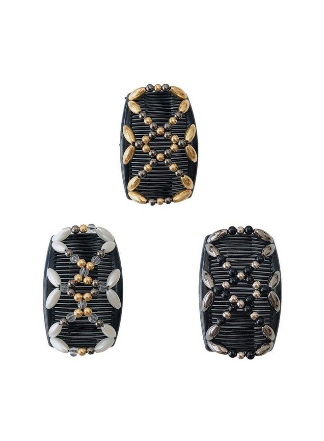 Lovef 3Pcs Comb Hair Clips For Women And Girls Stylish And Fashionable Accessories For Easy Hair Dos Tribal (White Black And Gold) - Image 2