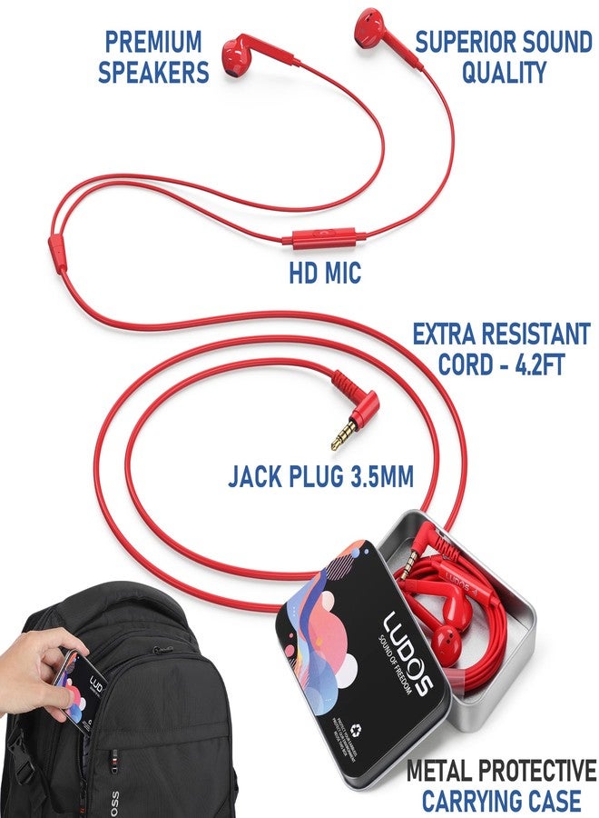 LUDOS Ferox In-Ear Headphones with Cable and Microphone, In-Ear Earphones, 3.5 mm Jack Plug Earbuds, Rich Bass Earphones, Headphones for iPhone, iPad, Samsung - Red - Image 2