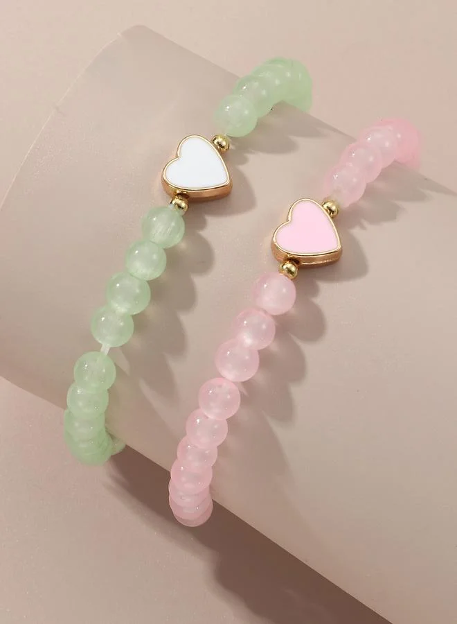Pack of 2 - Multi-Color Heart Charm Beaded Bracelets