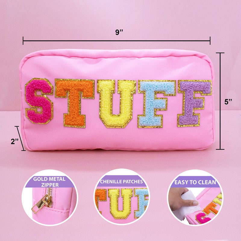 Fablinks Preppy Stuff Bag  Chenille Varsity Letter Makeup Pouch  Pink Nylon Skin Care Zipper Patch Bags Organizer For Women  Travel Make Up Skincare Cosmetic Easter Basket Stuffers - Image 4