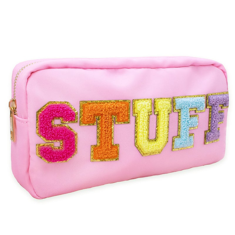 Fablinks Preppy Stuff Bag  Chenille Varsity Letter Makeup Pouch  Pink Nylon Skin Care Zipper Patch Bags Organizer For Women  Travel Make Up Skincare Cosmetic Easter Basket Stuffers - Image 1